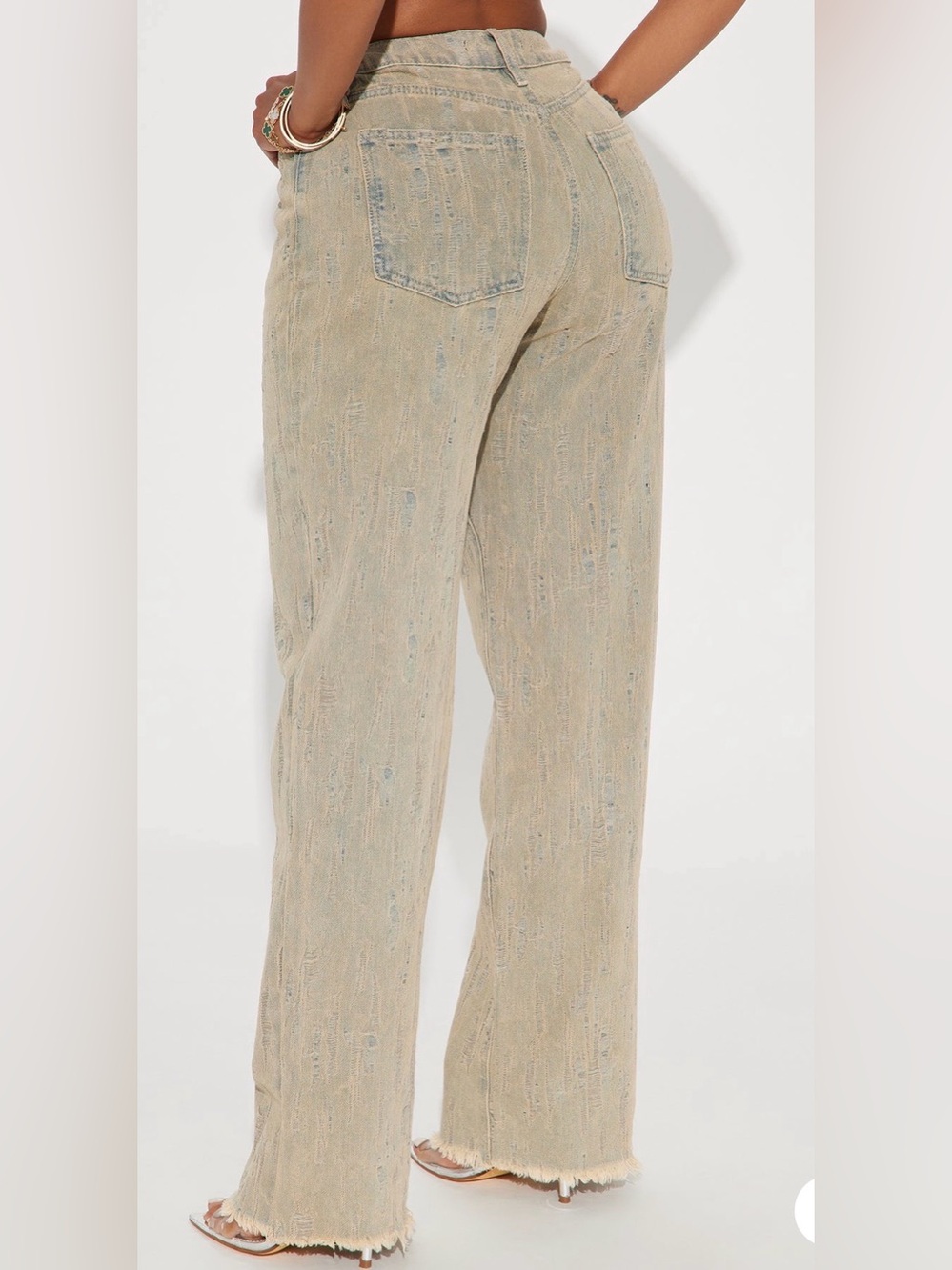 Beige Textured Wide-Leg Jeans
